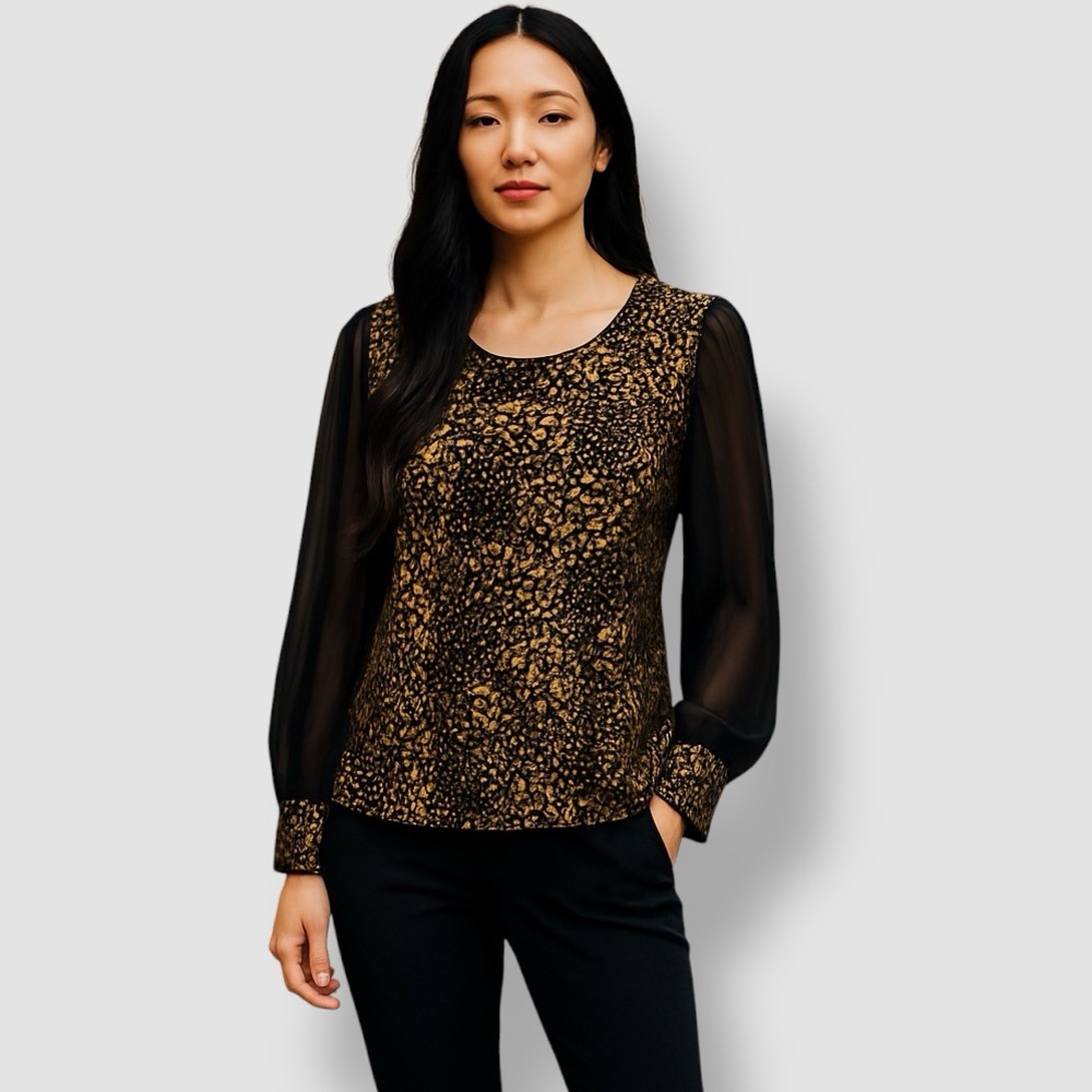 Women’s Black Gold Metallic Print Long Sleeve Career Tunic Top | Size 2XL